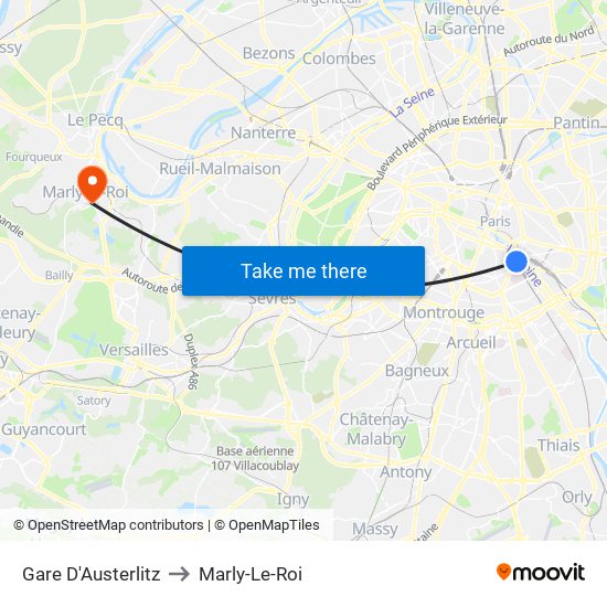 Gare D'Austerlitz to Marly-Le-Roi map