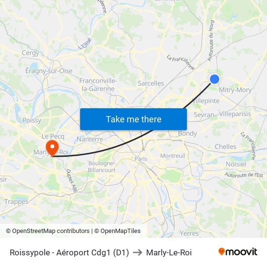 Roissypole - Aéroport Cdg1 (D1) to Marly-Le-Roi map