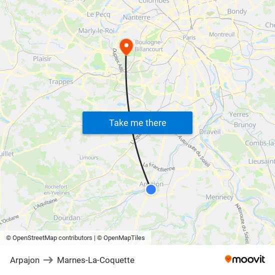 Arpajon to Marnes-La-Coquette map