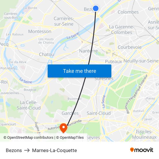 Bezons to Marnes-La-Coquette map