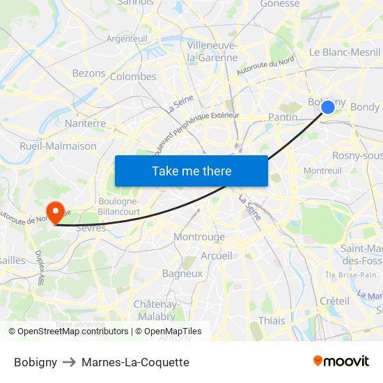 Bobigny to Marnes-La-Coquette map