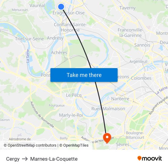 Cergy to Marnes-La-Coquette map