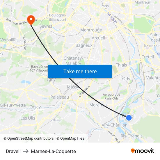 Draveil to Marnes-La-Coquette map