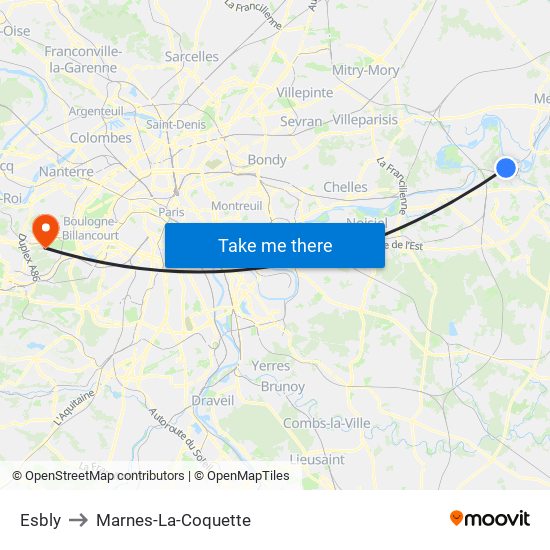 Esbly to Marnes-La-Coquette map