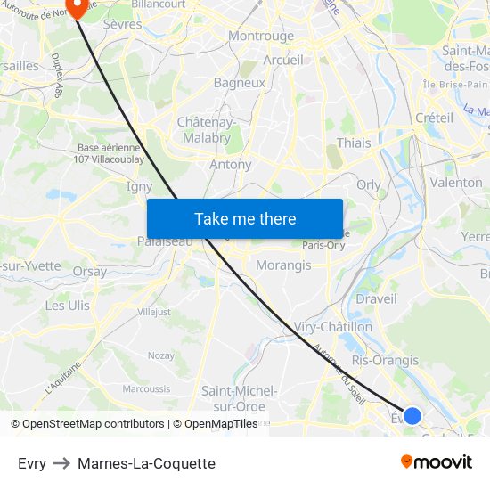 Evry to Marnes-La-Coquette map
