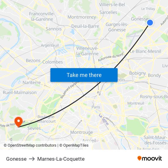 Gonesse to Marnes-La-Coquette map