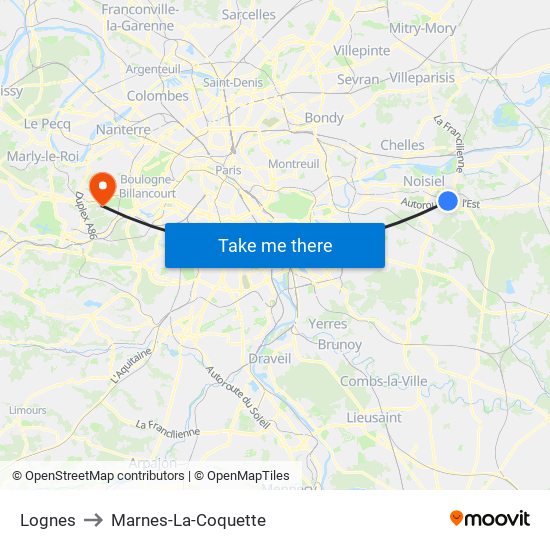Lognes to Marnes-La-Coquette map