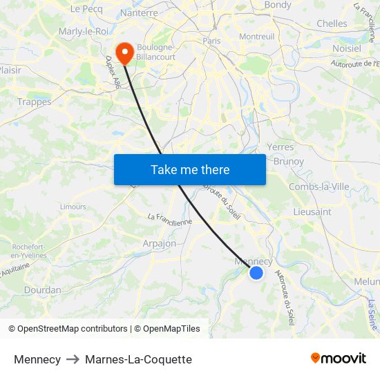 Mennecy to Marnes-La-Coquette map