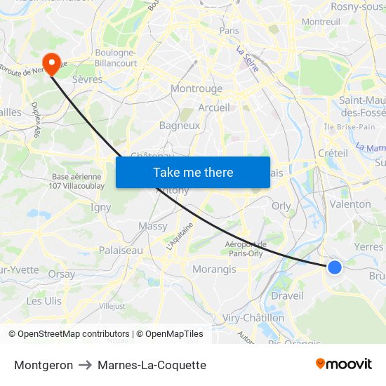 Montgeron to Marnes-La-Coquette map