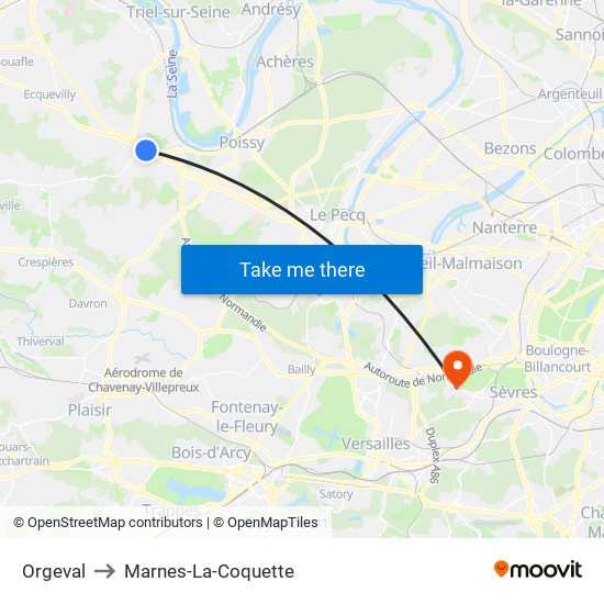 Orgeval to Marnes-La-Coquette map