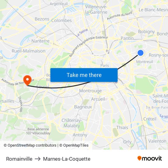 Romainville to Marnes-La-Coquette map