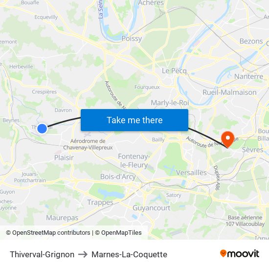 Thiverval-Grignon to Marnes-La-Coquette map