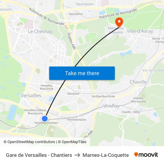 Gare de Versailles - Chantiers to Marnes-La-Coquette map