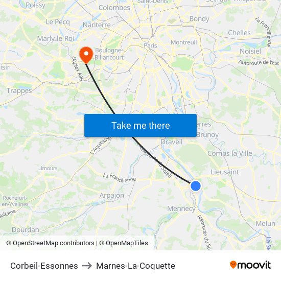 Corbeil-Essonnes to Marnes-La-Coquette map