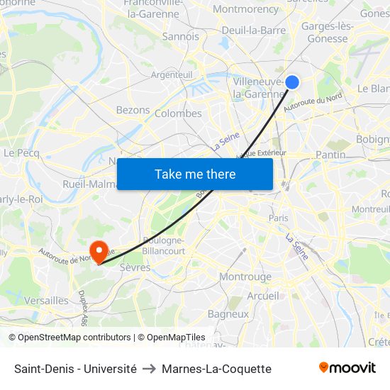 Saint-Denis - Université to Marnes-La-Coquette map