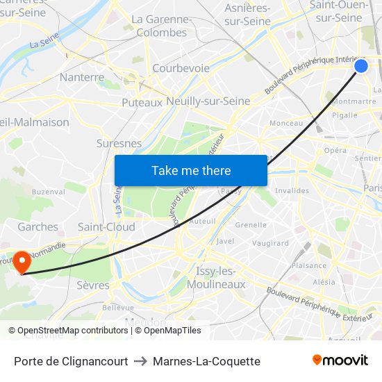 Porte de Clignancourt to Marnes-La-Coquette map