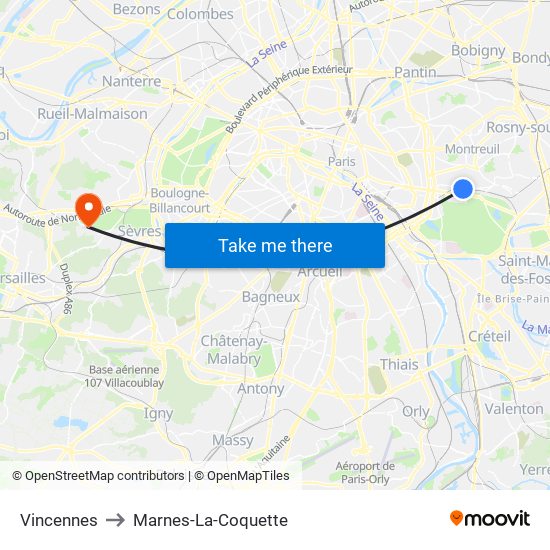 Vincennes to Marnes-La-Coquette map