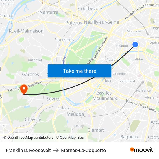 Franklin D. Roosevelt to Marnes-La-Coquette map
