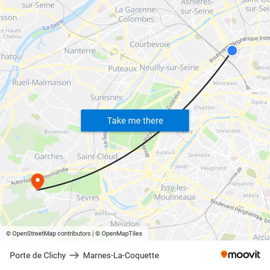 Porte de Clichy to Marnes-La-Coquette map