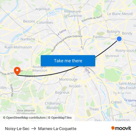 Noisy-Le-Sec to Marnes-La-Coquette map