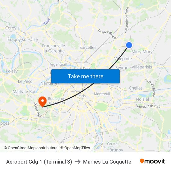 Aéroport Cdg 1 (Terminal 3) to Marnes-La-Coquette map