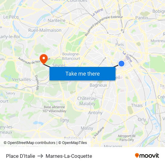 Place D'Italie to Marnes-La-Coquette map