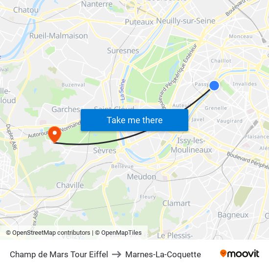 Champ de Mars Tour Eiffel to Marnes-La-Coquette map