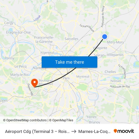 Aéroport Cdg (Terminal 3 – Roissypôle) to Marnes-La-Coquette map