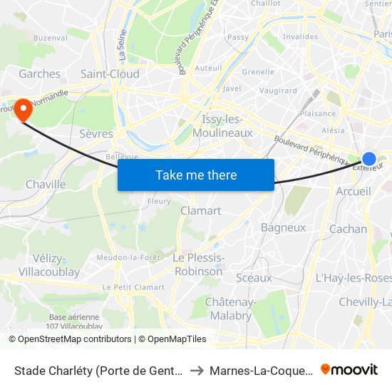 Stade Charléty (Porte de Gentilly) to Marnes-La-Coquette map
