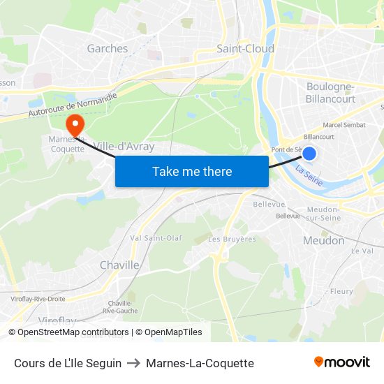 Cours de L'Ile Seguin to Marnes-La-Coquette map