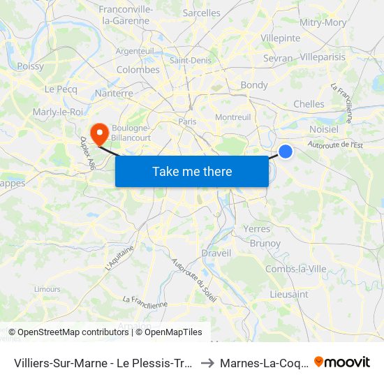 Villiers-Sur-Marne - Le Plessis-Trévise RER to Marnes-La-Coquette map