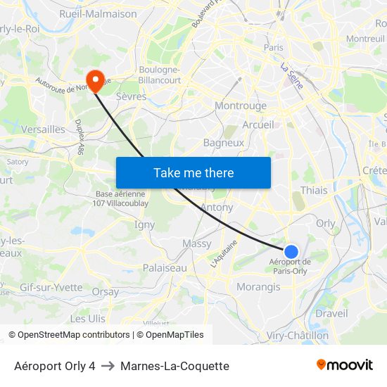 Aéroport Orly 4 to Marnes-La-Coquette map