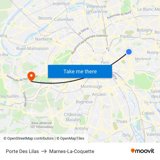 Porte Des Lilas to Marnes-La-Coquette map