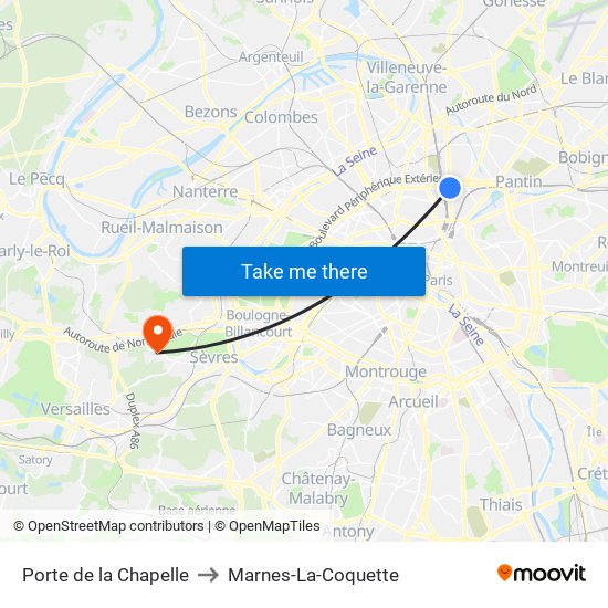 Porte de la Chapelle to Marnes-La-Coquette map