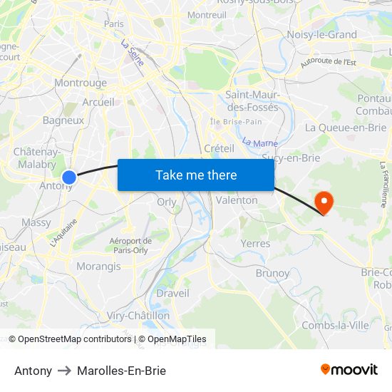 Antony to Marolles-En-Brie map