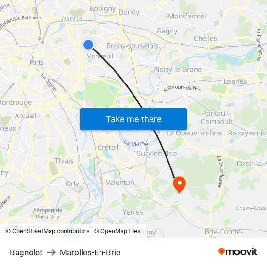 Bagnolet to Marolles-En-Brie map