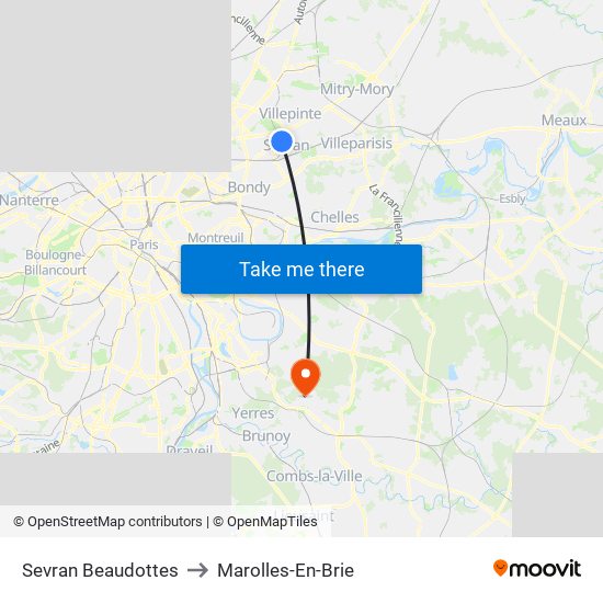 Sevran Beaudottes to Marolles-En-Brie map