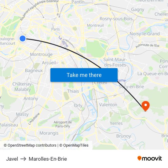 Javel to Marolles-En-Brie map