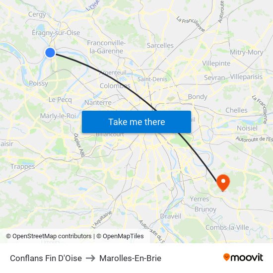Conflans Fin D'Oise to Marolles-En-Brie map