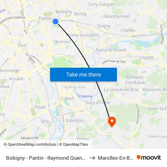Bobigny - Pantin - Raymond Queneau to Marolles-En-Brie map