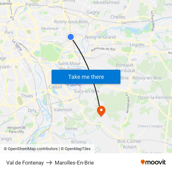 Val de Fontenay to Marolles-En-Brie map