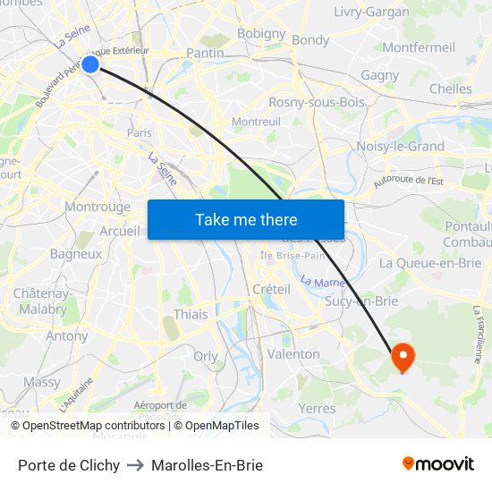 Porte de Clichy to Marolles-En-Brie map
