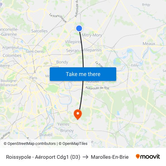 Roissypole - Aéroport Cdg1 (D3) to Marolles-En-Brie map