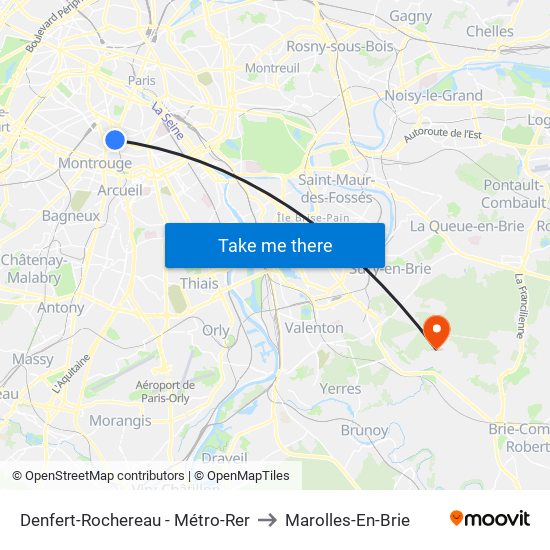 Denfert-Rochereau - Métro-Rer to Marolles-En-Brie map