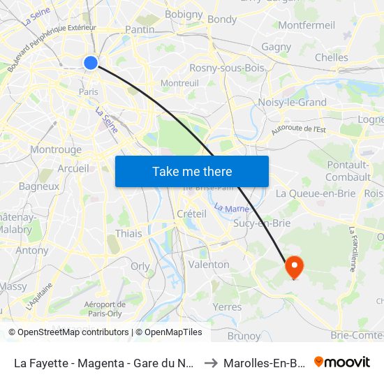 La Fayette - Magenta - Gare du Nord to Marolles-En-Brie map