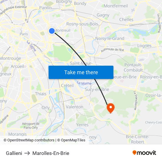 Gallieni to Marolles-En-Brie map