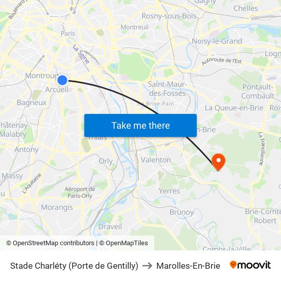 Stade Charléty (Porte de Gentilly) to Marolles-En-Brie map