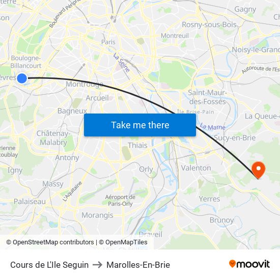 Cours de L'Ile Seguin to Marolles-En-Brie map