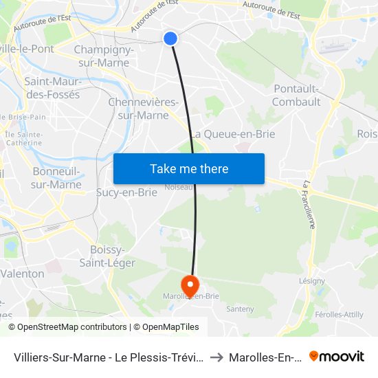 Villiers-Sur-Marne - Le Plessis-Trévise RER to Marolles-En-Brie map