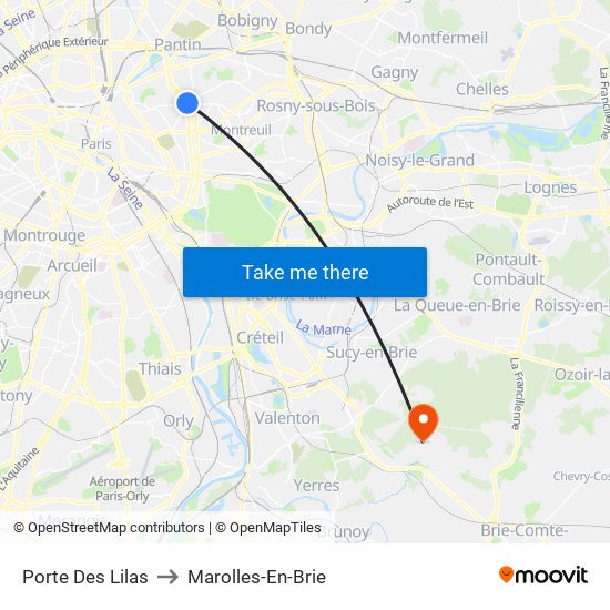 Porte Des Lilas to Marolles-En-Brie map